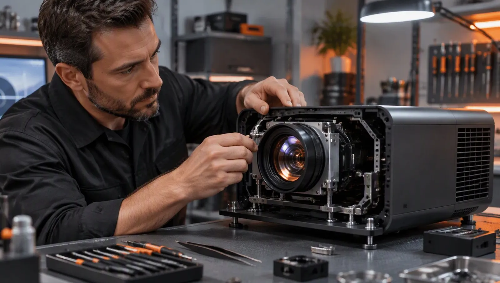 Technician repairing an optical projection module