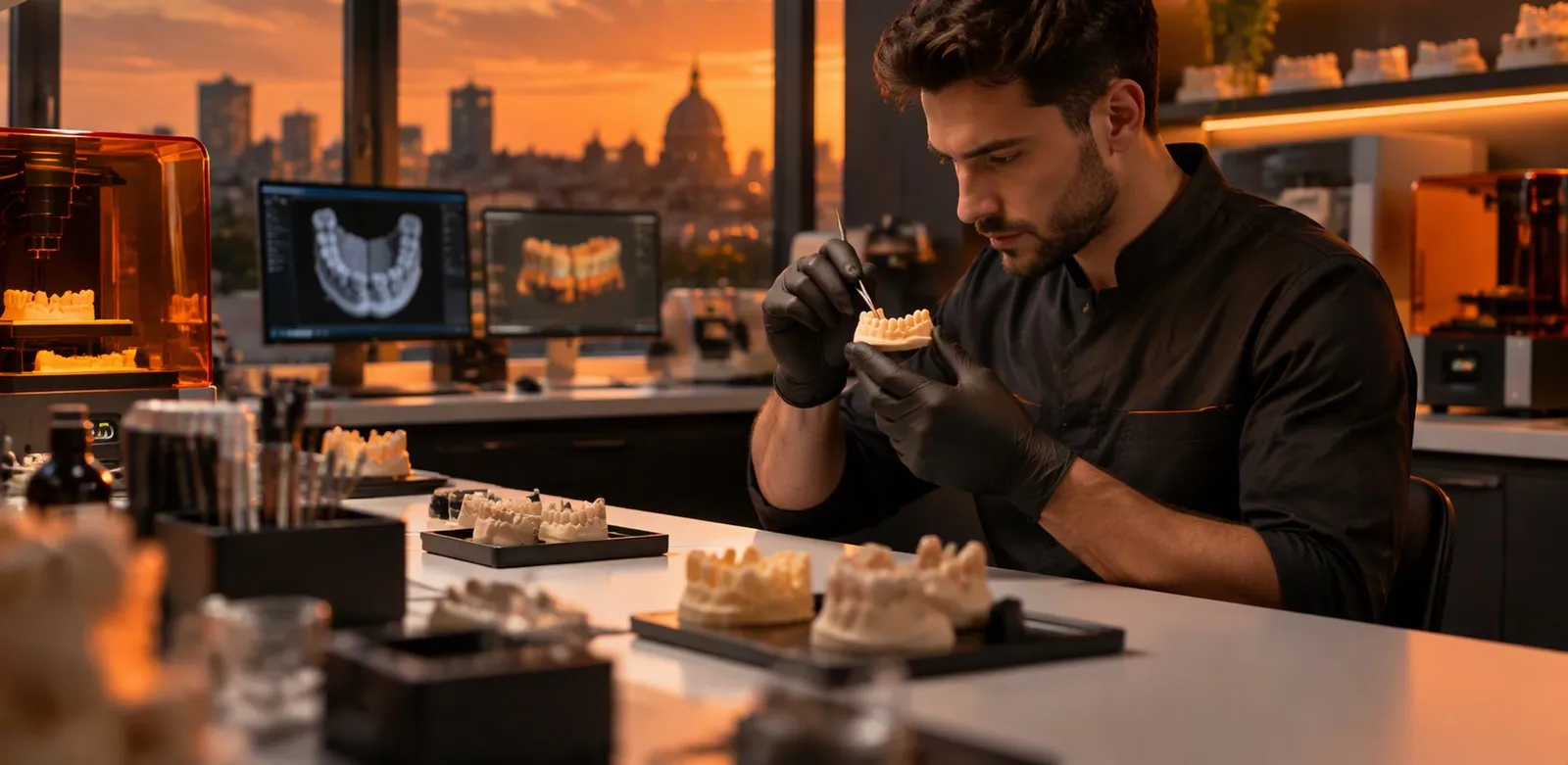 Dental technician checking a 3D printed dental model in a modern lab