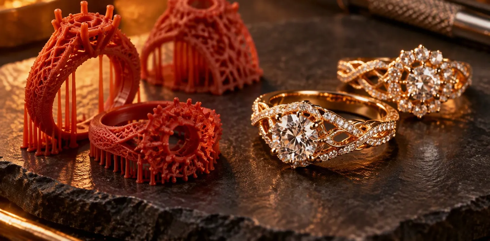 Castable resin ring patterns next to finished gold rings