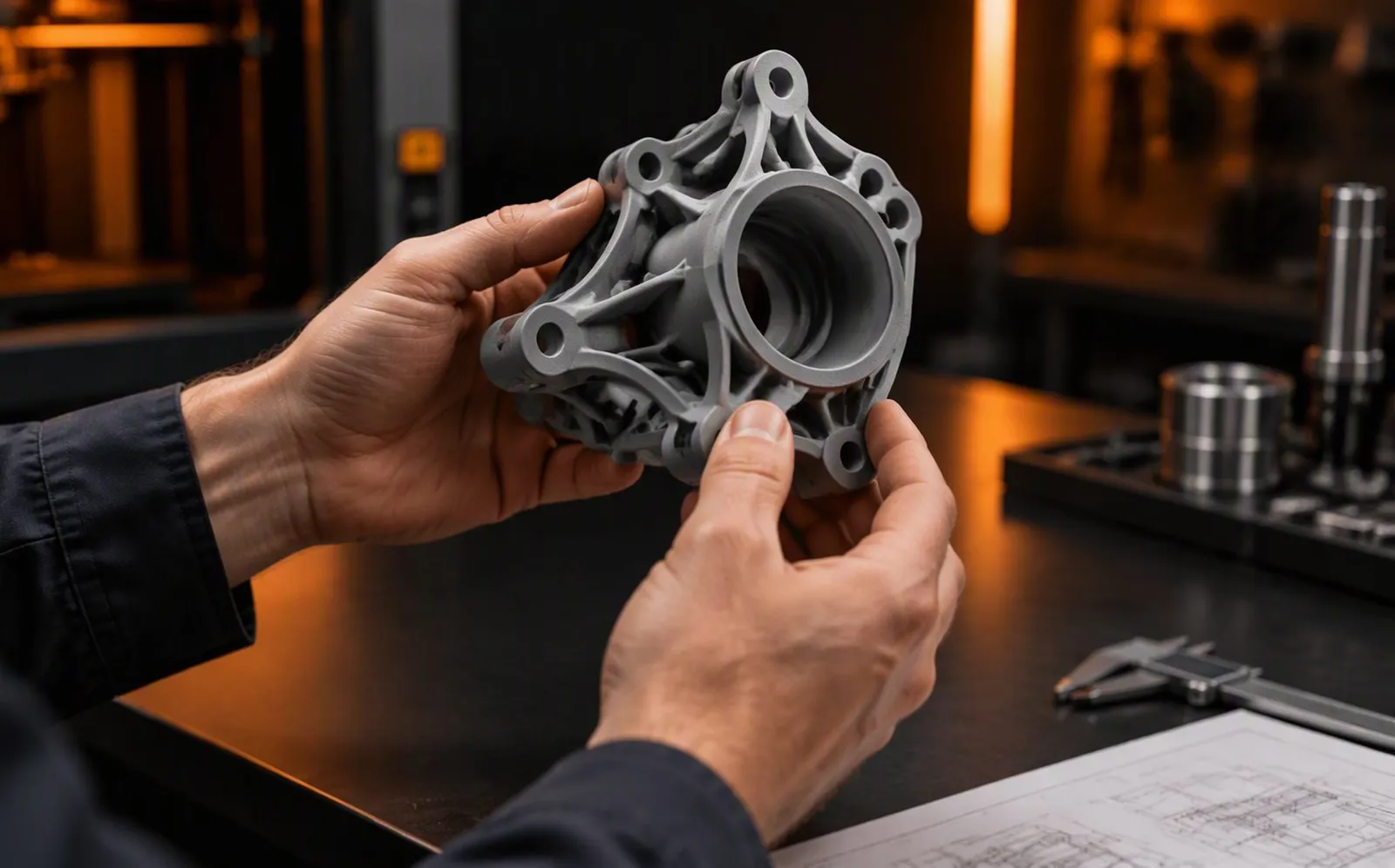 Engineer examining a 3D printed industrial part